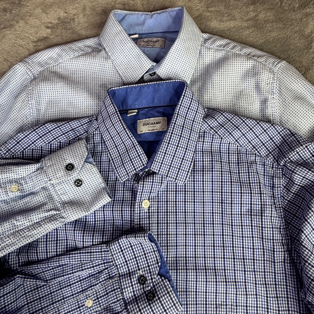 Duchamp London Button Shirt Mens L/ XL Blue Gingham Diamond Tailored Fit Lot 2